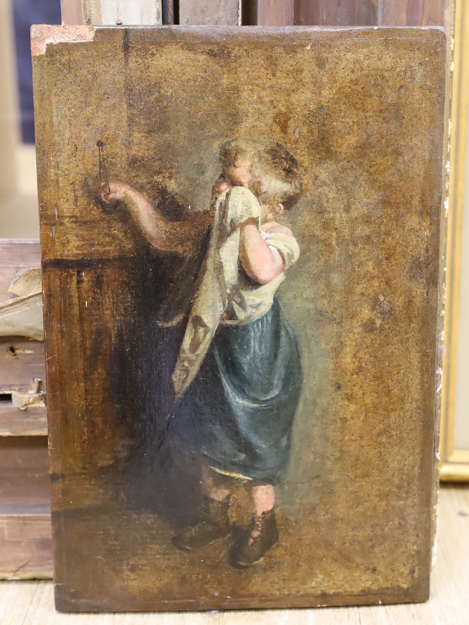 19th century English School, oil on mahogany panel, Study of a crying child, label remnant verso, 30 x 20cm, unframed